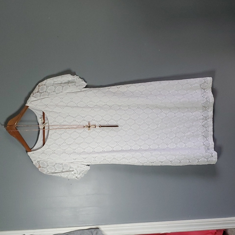 Tacera, white,eyelet lace, lined, dress, size small